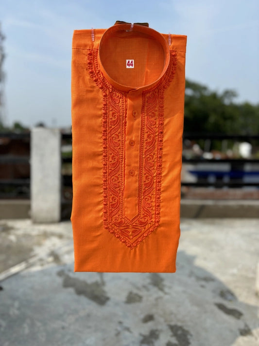 Cotton Embroidered Kurta for Men (Orange)